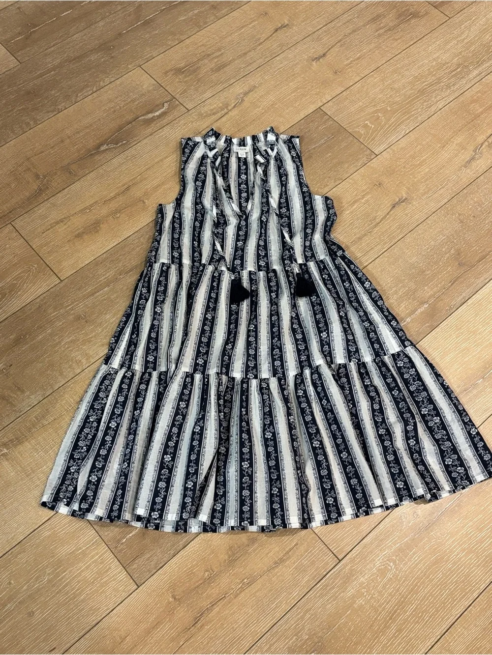 J.Crew Navy & White Floral Stripe Tiered Mini Dress XXS 100% Cotton Tassel Boho